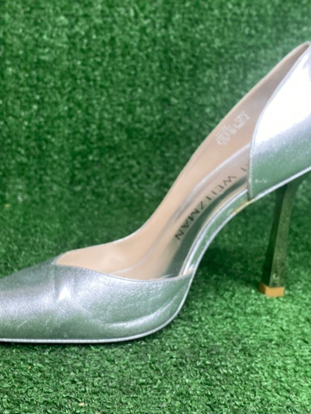 Stuart Weitzman Silver Leather Slip-On Pointed Toe 3.5" Heel Dress Pumps - Picture 2 of 9